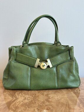 Cole Haan Green Pebbled Leather Satchel Turnlock Top Handle Bag Classic